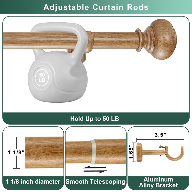 Wood Extra Long Curtain Rods 144-240 Inch(12-20ft) for Large Window, Heavy Duty Curtain Rod, 1 1/8" Diameter Boho Drapery Rods with Imitation Wood Grain Finials and Adjustable Brackets - color: Brown Wood Grain, size: 144-240"