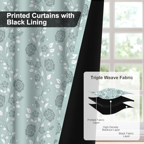 Mint Green Floral Blackout Curtains for Bedroom and Living Room, Farmhouse Summer Thermal Insulated Curtains 84 Inch Length 2 Panels Set, Room Darkening Black Out Bedroom Curtains with Two Tiebacks - color: Floral Pattern3