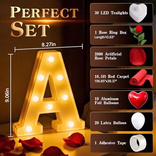 Marry Me Light Up Letters, with 30 Tea Lights Candles, Rose Petals, Aluminum Balloons, Balloons, Red Carpet, Rose Ring Box, Double Sided Tape, Valentine's Day Proposal Engagement Wedding Decorations - color: MARRY ME - Large