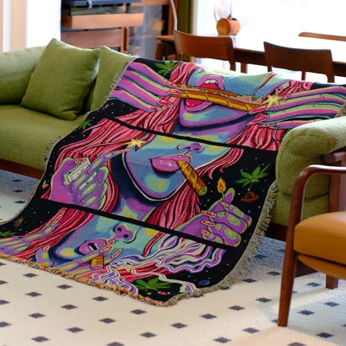 Trippy Room Decor Woven Throw Blanket for Couch Bed Lounge Chair Hippy Trippy Boho Throw Blanket Hippie Hippy Wall Tapestry Woven Throws Blankets Smoking Weed Accessories Marijuana Cannabis Boho 51x59 - color: Woven Cool Girl