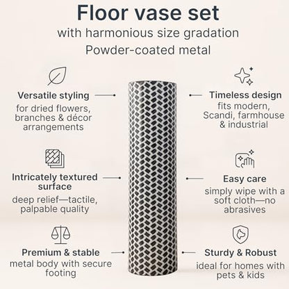 Leewadee Set of 2 Large Floor Vases Metal for Pampas Grass - color: Black, White