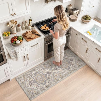 LUMI Kitchen Floor Mat Cushioned Anti Fatigue Runner Rug, 24"x59" - color: Cream & Multi, size: 59"L x 24"W x 0.4"Th