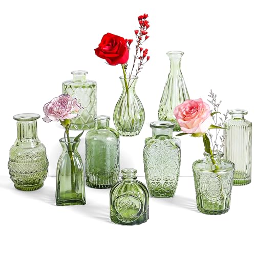 Dark Green Glass Bud Vases, Set of 10 Wedding Table Centerpiece - color: Hunt Green