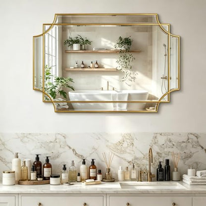 36"x24" Gold Rectangle Beveled Mirror with Geometric Wood Frame - color: Gold, size: 36"L x 24"W