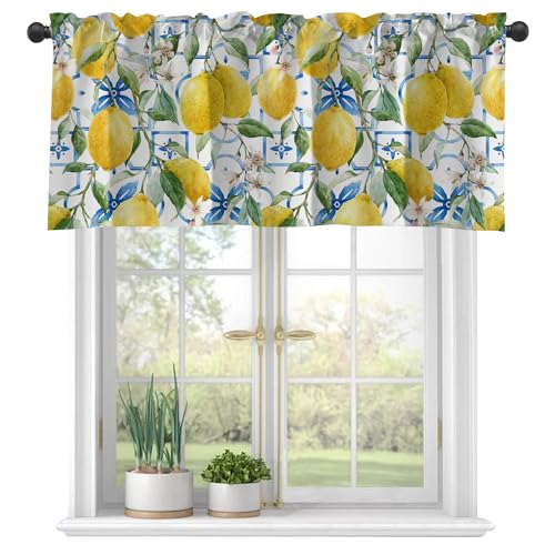 Hand Drawn Lemons and Blue Tiles Semi Sheer Valances - Windows Curtain, Rod Pocket Short Window Treatment - Light Filtering Decor for Kitchen, Living Room, Bedroom - 42"x18" - color: Lemon Leaves Flowers, size: 18"W x 42"L (Pack of 1)