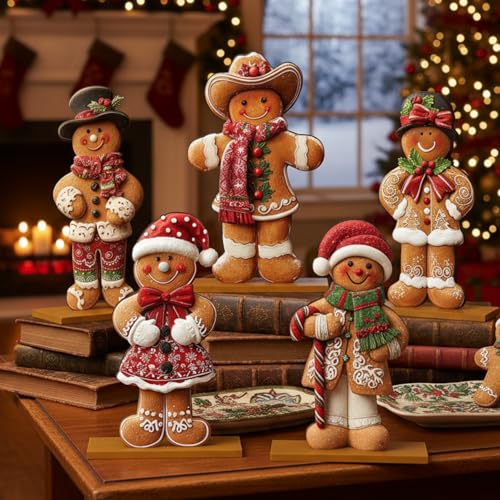 RattanView 5 Pcs Christmas Gingerbread Tabletop Decorations Wooden Christmas Centerpiece Table Decor Holiday Sequins Village Standing Sign with Base for Xmas Home Mantel Shelf(Gingerbread Man) - style: Gingerbread Man