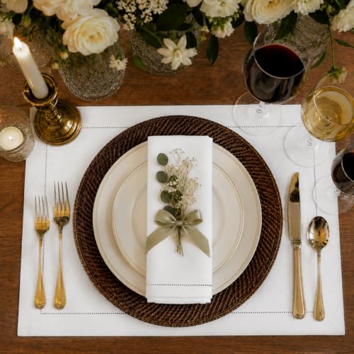 Signature Linen™ by D'Moksha, White Placemats Set of 4, 14 x 19 Inch, 100% Pure Linen Table Mats, Hemstitch, Machine Washable Cloth Placemats- Fall, Weddings, Outdoor Hosting - color: White, size: Set of 4 (14 X 19 Inch)