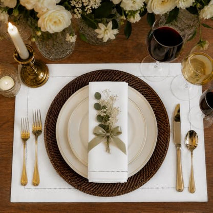 Signature Linen™ by D'Moksha, White Placemats Set of 4, 14 x 19 Inch, 100% Pure Linen Table Mats, Hemstitch, Machine Washable Cloth Placemats- Fall, Weddings, Outdoor Hosting - color: White, size: Set of 4 (14 X 19 Inch)