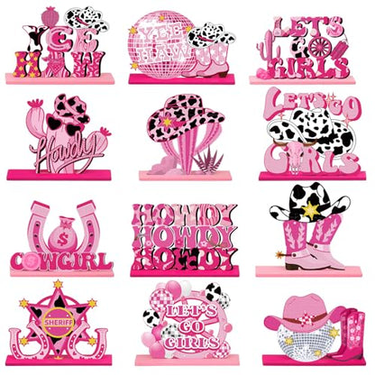 Marsui 12 Pcs Pink Cowgirl Party Decorations Western Table Wood Centerpiece - style: Cowgirl