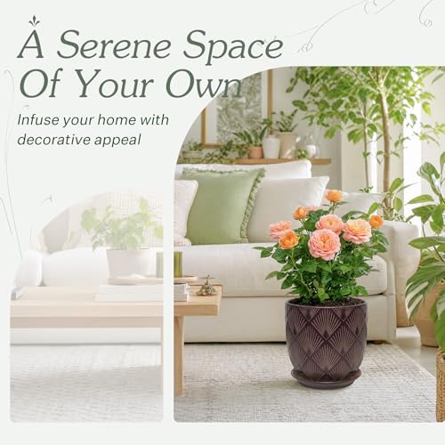 7.2 Inch Modern Ceramic Glaze Plant Pot with Drainage Hole,Mesh Net,Saucer,Indoor Outdoor Planter(Fan-Dark Purple) - color: Fan-dark Purple