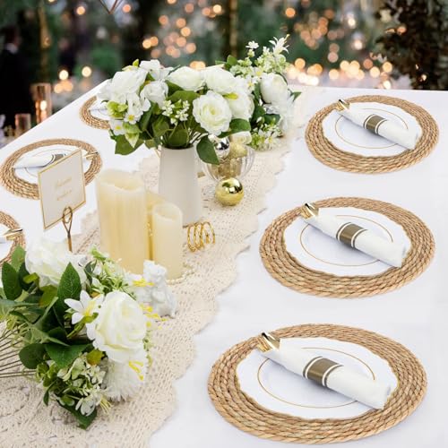 Round Woven Placemats Set of 12，13 Inch Natural Rattan Placemats Hand-Woven Water Hyacinth Placemat Farmhouse Rustic Braided Boho Wicker Table Mats for Christmas Dining Table Wedding Home (13 Inch) - size: 13