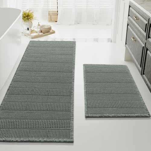 H.VERSAILTEX Waffle Bath Mat Super Absorbent Bathroom Mats Non Slip Bath Rugs for Bathroom Floor Machine Washable Ultra Soft Bathroom Rugs for Beside Tub, (32 x 20 Plus 24 x 60 - Inches, Lichen) - color: Lichen, size: 20" x 32" Plus 24" x 60"