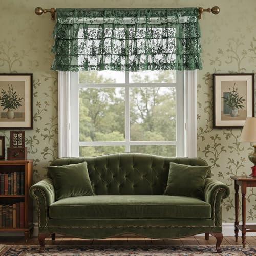 Kotile Emerald Green Lace Ruffle Valance for Windows W52 x L18 Inch 1 Panel - color: Emerald Green - Ruffle Lace