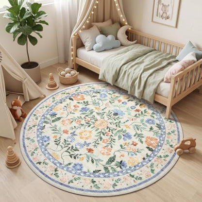 GarveeHome 4ft Round Washable Floral Rug Non-Slip Low Pile Nursery Green - color: Green, size: 4' (Round)