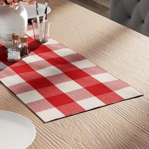 Encasa XO Table Runner, Woven Cotton Dining Linens 13"x36" Red - color: Buffalo Red Checks, size: 13x36 in