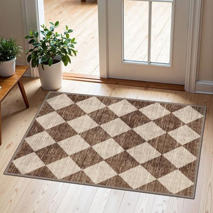 Front Door Rug - 2x3 Brown Beige Checkered Diamond Entry Rug - color: Diamond - Brown Beige, size: 2' x 3' (Rectangular)