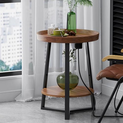 Gadroad Round End Table with Charging Station, Brown - color: Brown, size: 15.75"D x 15.75"W x 23"H (with Charging Station)