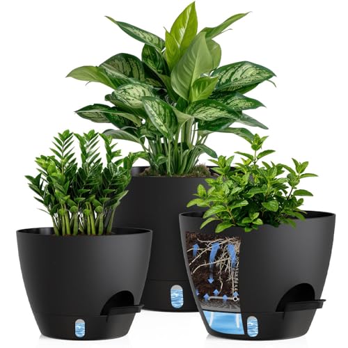 Self Watering Pots with Drainage Holes, 3 Pack 12/10/8 Inch Plant Pots with Water Level Indicator Deep Reservoir, Large Plastic Planter for Indoor Outdoor Plants - Black - color: Black, size: 12+10+8 Inch Set