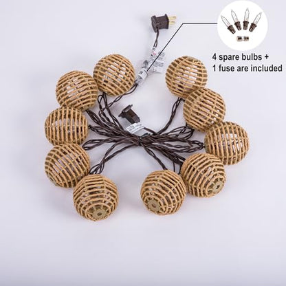 TWINKVILLA Decorative String Lights Plug in with 10 Incandescent Bulbs, Natural Rattan Globe Boho Lantern String Lights Connectable Weatherproof Outdoor Indoor for Bedroom Patio Pergola Decor