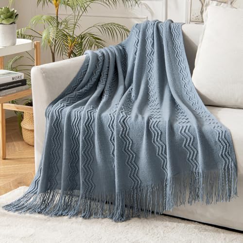 MIULEE Dusty Blue Knitted Boho Throw Blanket for Couch 50"x60" - color: Dusty Blue, size: 50" x 60"