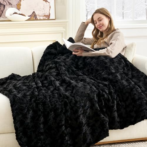 Cozy Bliss Faux Fur Throw Blanket for Couch, Fuzzy Soft Plush Thick Warm Fluffy Reversible Wave Textured Blanket for Sofa Bedroom Living Room, 55 * 70 Inches Black - color: Black, size: Throw(55" x 70")