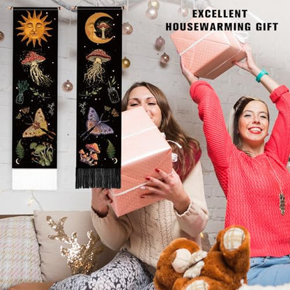 PLIGREAT 2 Pack Mysterious Art Mushroom Tapestry, Vertical Wall Hanging - color: Yellow and Purple