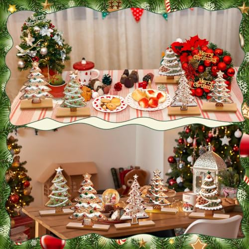 RattanView 5 Pcs Gingerbread Christmas Table Decorations Wooden Gingerbread Tree Decor Christmas Centerpiece Ginger Bread Village Decoration Winter Tiered Tray Decor with Base for Xmas Home Kitchen - style: Gingerbread Tree