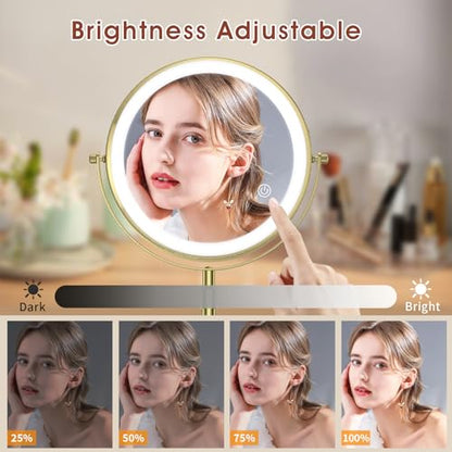 MILPROX Adjustable Height Makeup Mirror with 10X Magnifying & Light, Gold - color: Gold