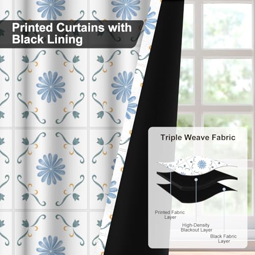 Blue Blackout Curtains 84 Inch Long 2 Panels Set, Gingham Floral Pattern Window Thermal Blackout Curtains for Bedroom and Living Room, Soundproof Privacy Thermal Insulated Curtains with Rope Tiebacks - color: Plaid Daisy Print