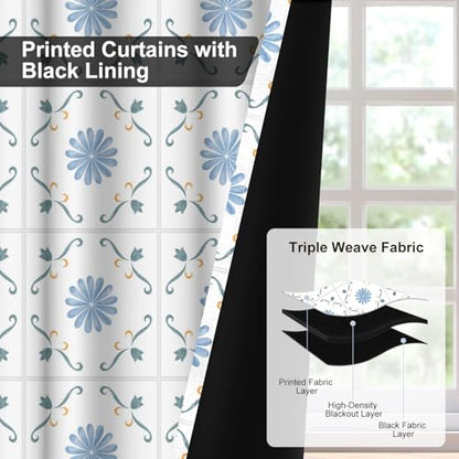 Blue Blackout Curtains 84 Inch Long 2 Panels Set, Gingham Floral Pattern Window Thermal Blackout Curtains for Bedroom and Living Room, Soundproof Privacy Thermal Insulated Curtains with Rope Tiebacks - color: Plaid Daisy Print