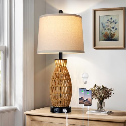 CINSARY 27" Boho Rattan Table Lamp Single with Night Light, Handwoven Wicker Bedside Lamp with USB A+C Charging Port, Woven Coastal Bedroom Lamps for Night stand, Beach Living Room Lamps for End Table - color: Rattan-27"H-1PK