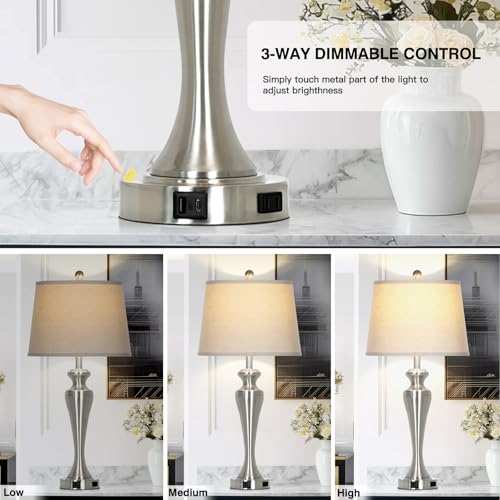 CINSARY Silver Table Lamp Single, Touch Control Bedside Lamp with USB A+C Ports and AC Outlet, 3-Way Dimmable Bedroom Lamps for Nightstand, Tall Brushed Nickel Living Room Lamps for End Table - color: Silver (1 Pack)