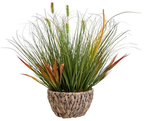 AlphaAcc Fake Faux 17" Artificial Grass Woven Pot Pebbles Home Office Decor - color: Green Grass 17" H