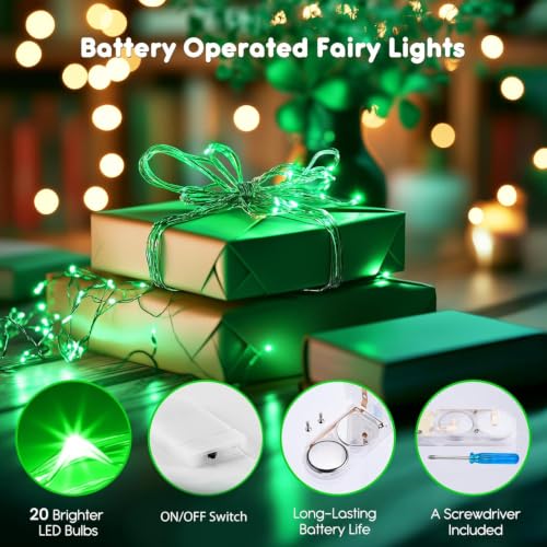 Brightown 12 Pack St. Patrick's Day LED Fairy Lights Battery Operated String Lights Waterproof Silver Wire 7 ft 20 LED Firefly Starry Moon Lights for DIY Wedding Party Bedroom Patio - color: Green, size: 12 PC