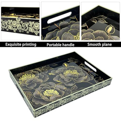 Serving Tray with Handles, 15.7 * 11.8 inches, Plastic Ottoman Tray with Exquisite Paintings, Trays for Coffee Table - color: Black Peony