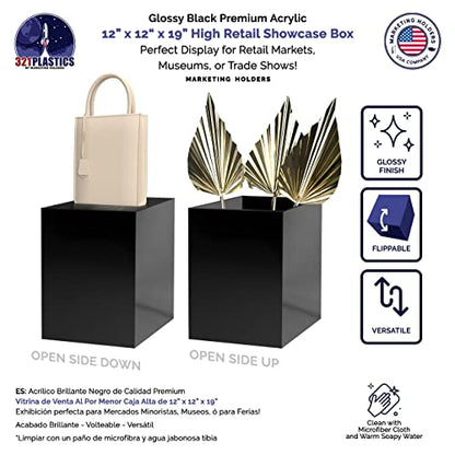 Acrylic Display Riser Box with One Open Side No Lid 12" x 12" x 19" Versatile Black Glossy Square Lucite Retail Product Platform or Merchandise Storage Bin No Assembly by Marketing Holders - size: 12" x 12" x 19" Cube-Glossy Black