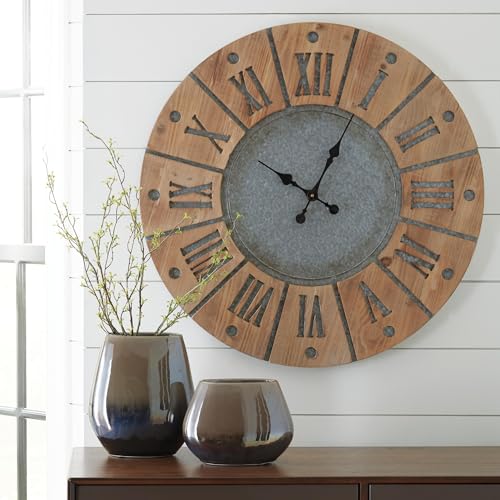 Signature Design by Ashley Payson Farmhouse Wall Clock, 30 x 30 Inches, Natural Wood Finish