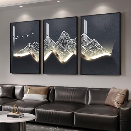 Large Framed Modern Mountain Wall Art for Living Room, 3 Piece 24x36 In - color: Luminous Peaks, size: 24" W x 36" H x 3 pieces