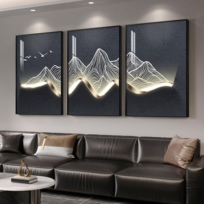 Large Framed Modern Mountain Wall Art for Living Room, 3 Piece 24x36 In - color: Luminous Peaks, size: 24" W x 36" H x 3 pieces