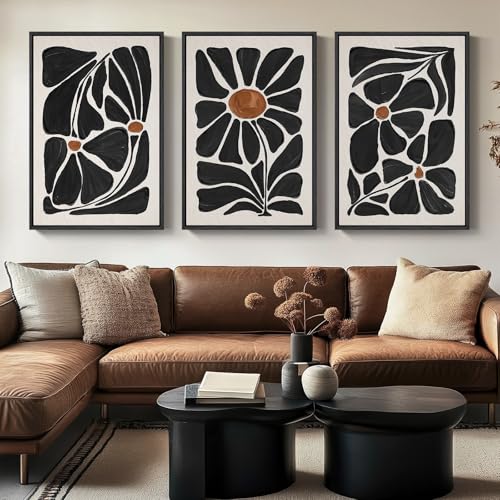 Large Framed Black and White Floral Wall Art for Living Room, 24x36 In - color: Black and White, size: 24" W x 36" H x 3Pcs