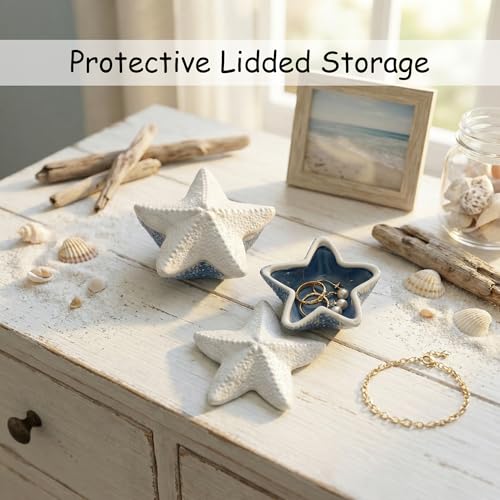 Snailhouse Starfish Shape Jewelry Box with Lid, Ceramic Decorative Small Trinket Ring Earring Necklaces Bracelet Dish Holder Bowl Tray Plate, Gifts for Women