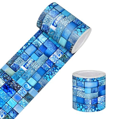 HOMETITUTE Peel and Stick Wallpaper Border 4x196in Blue Mosaic Pattern - color: blue texture#1