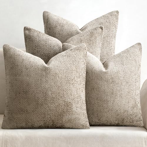MIULEE Soft Decorative Chenille Pillow Covers Khaki 18x18 Pack of 4 - color: Khaki, size: 18" x 18" (Pack of 4)
