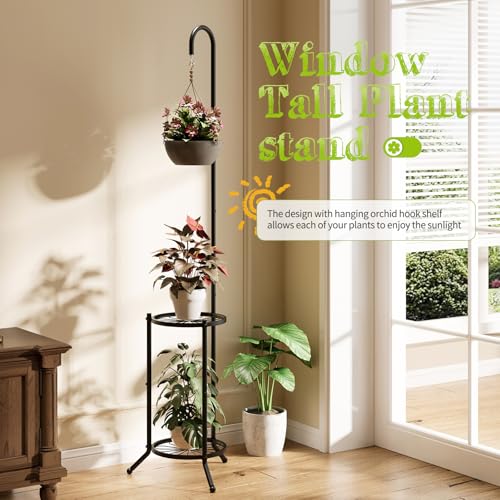 BMOSU Plant Stand with Hooks Indoor Outdoor Corner Tall Plant Stand Heavy-Duty Metal 3-Tier Plant Shelf Holder Rack for Patio Garden Balcony Living Room Bedroom(semicircular Black)
