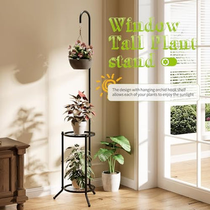 BMOSU Plant Stand with Hooks Indoor Outdoor Corner Tall Plant Stand Heavy-Duty Metal 3-Tier Plant Shelf Holder Rack for Patio Garden Balcony Living Room Bedroom(semicircular Black)