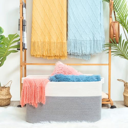 MINTWOOD Design 22in Extra Large Blanket Basket Holder Living Room, Rectangle Rope Woven Storage Basket with Handles for Laundry, Pool Towels, and Shoes, Dog Toy Organizer Bin Box, Gray - color: Gray