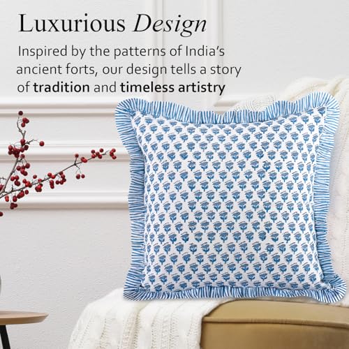 CPC Apatite Blue Block Print Ruffle Pillow Cover 16x16 Inch, Pack of 2 - color: Apatite Blue, size: 16" x 16" (Pack of 2)