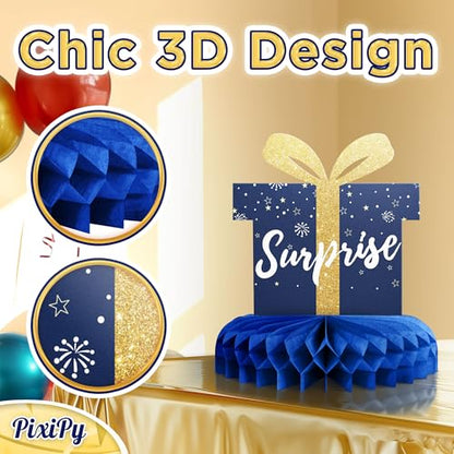 Happy Birthday Table Decoration Centerpieces - 8 Pieces, Blue & Gold - Double-Sided Happy Birthday Centerpieces for Tables - Party Supplies for Elegant Birthday Decorations - by PixiPy - style: Blue & Gold (Pack of 8)