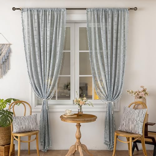 Sheer Boho Lace Curtains 84 Inches Long, Stone Blue, Set of 2 Panels - color: Stone Blue, size: 59"W x 84"L (Pack of 2)