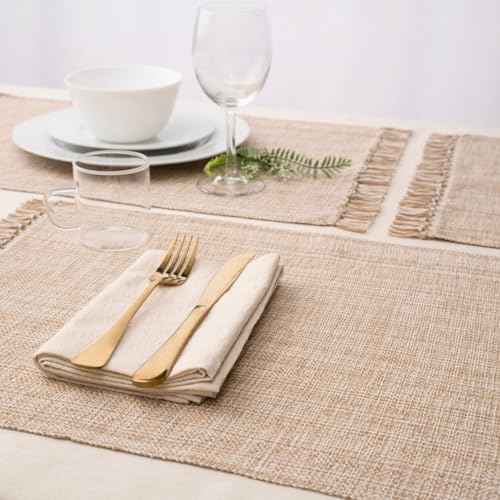 Cotton Placemats Set of 6-13x19 Inch, Woven Chambray Place Mats, Durable & Elegant for Dining Table, Wedding, Restaurant, Machine Washable, Oeko-TEX Certified - Taupe - color: Taupe - Chambrey